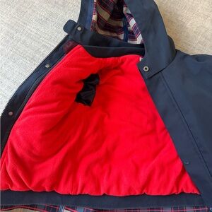 Jacadi Navy Hooded Raincoat with Plaid Lining and interior puffer jacket